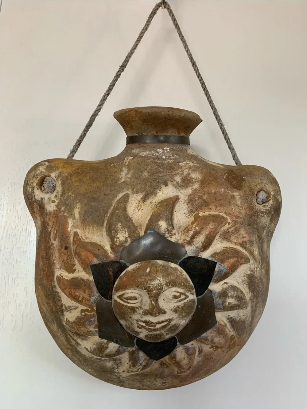 Handcrafted Mexican Canteen Style Jug w Heavy Rope 14”H 13”W